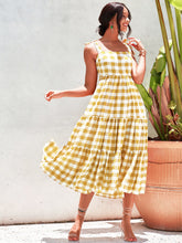 Load image into Gallery viewer, Plaid Tie Shoulder Tiered Midi Dress