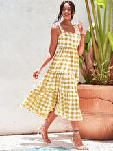 Load image into Gallery viewer, Plaid Tie Shoulder Tiered Midi Dress