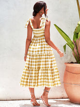 Load image into Gallery viewer, Plaid Tie Shoulder Tiered Midi Dress