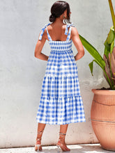 Load image into Gallery viewer, Plaid Tie Shoulder Tiered Midi Dress