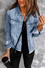 Load image into Gallery viewer, Distressed Raw Hem Denim Jacket