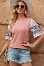 Load image into Gallery viewer, Leopard Lace Trim Ribbed Round Neck Top