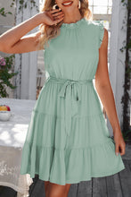 Load image into Gallery viewer, Ruffle Collar Tie Belt Tiered Dress