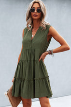 Load image into Gallery viewer, Frill Trim Notched Sleeveless Tiered Dress