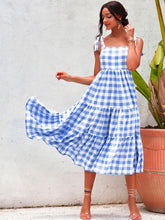 Load image into Gallery viewer, Plaid Tie Shoulder Tiered Midi Dress