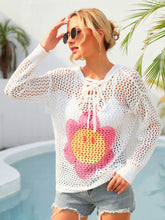 Load image into Gallery viewer, Flower Graphic Lace-Up Openwork Hooded Cover Up