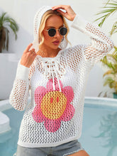 Load image into Gallery viewer, Flower Graphic Lace-Up Openwork Hooded Cover Up