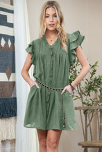 Load image into Gallery viewer, Ruffle Sleeve V neck Green, Black dress w/ pocket
