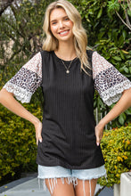 Load image into Gallery viewer, Leopard Lace Trim Ribbed Round Neck Top
