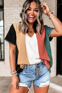 Color Block V-Neck Short Sleeve Top