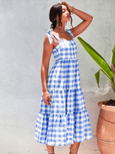 Load image into Gallery viewer, Plaid Tie Shoulder Tiered Midi Dress
