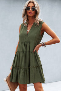 Frill Trim Notched Sleeveless Tiered Dress