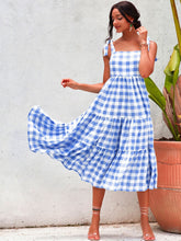 Load image into Gallery viewer, Plaid Tie Shoulder Tiered Midi Dress
