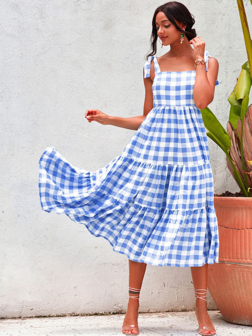 Plaid Tie Shoulder Tiered Midi Dress