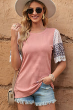 Load image into Gallery viewer, Leopard Lace Trim Ribbed Round Neck Top
