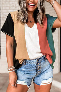 Color Block V-Neck Short Sleeve Top