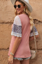 Load image into Gallery viewer, Leopard Lace Trim Ribbed Round Neck Top

