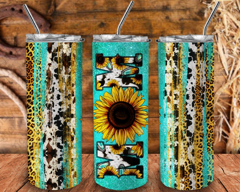 Sunflower Mom Western Sunflower Cow Print Tumbler