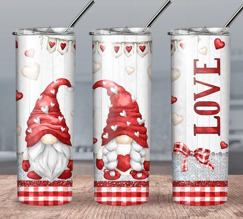 Valentine's Day Gnome Love Tumble in Silver, Pink Red & White