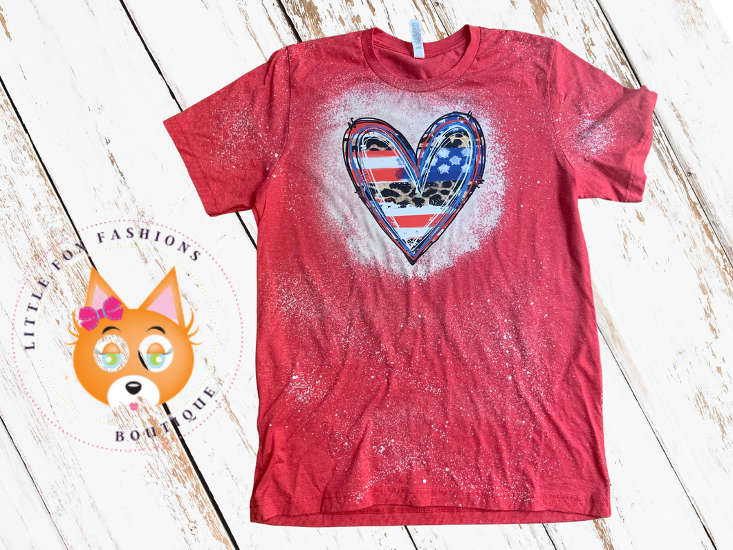 Bleached Patriotic Leopard Heart T Shirt -Adult Sizes